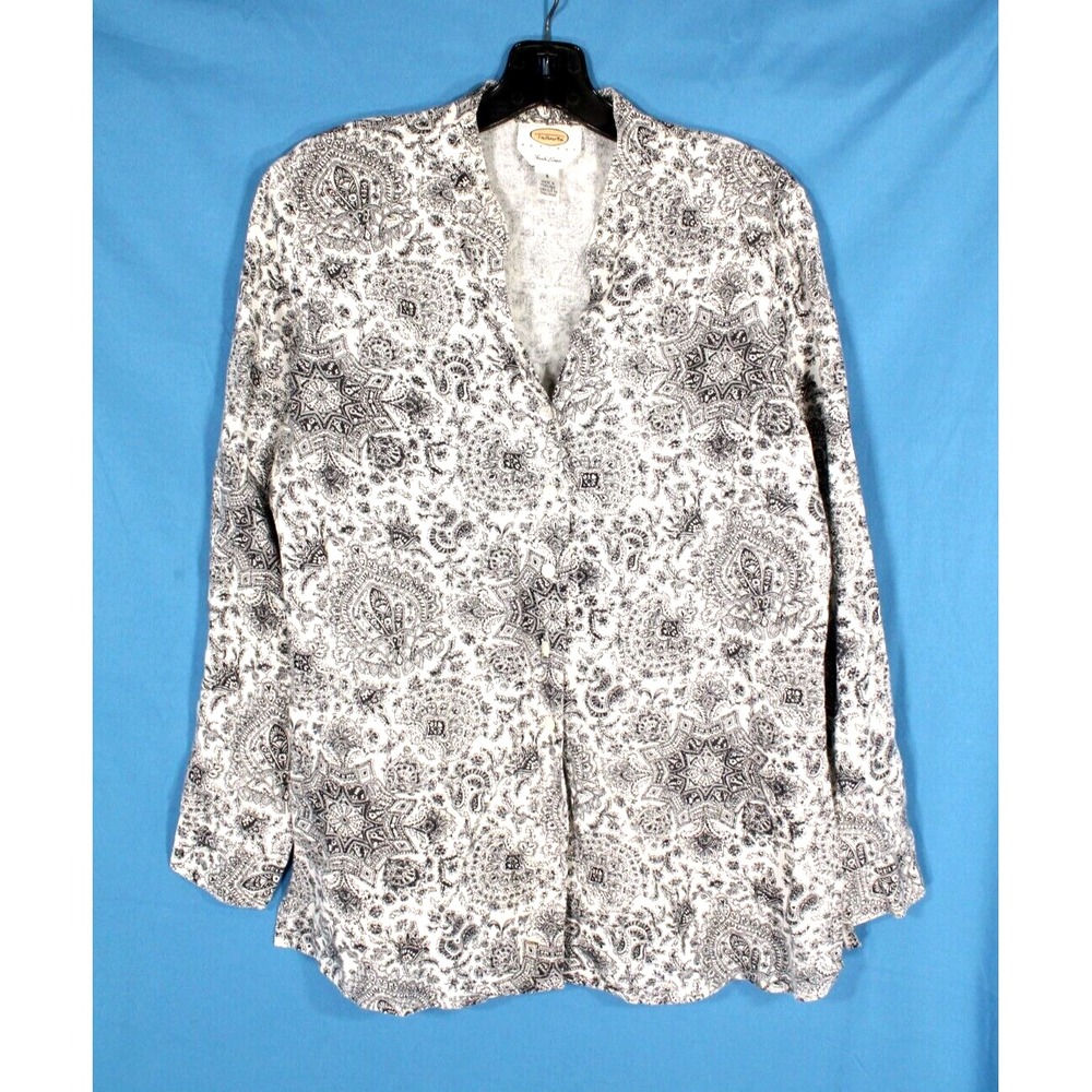 VTG TALBOTS Petites IRISH LINEN Black PAISLEY Button-Up V-NECK Shirt/Top Sz 8P